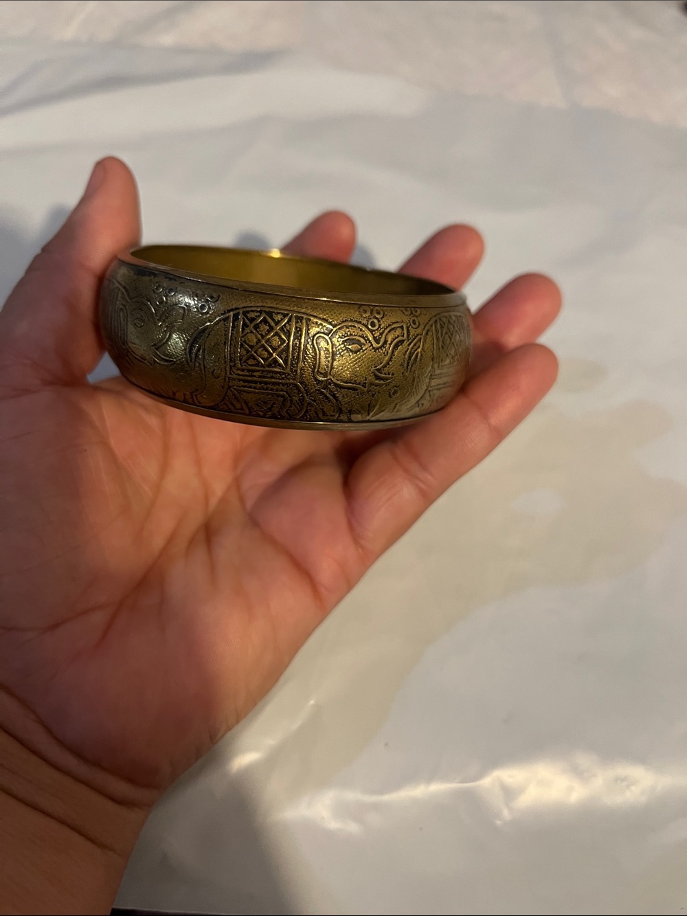 Vintage Gold-Tone Engraved Elephant Bangle Bracelet